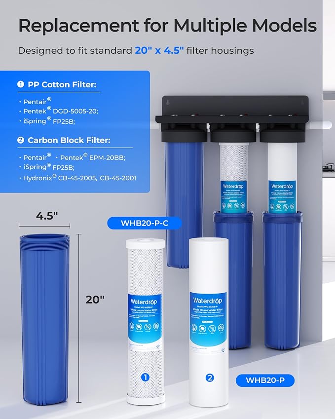 Waterdrop 20 x 4.5 Inch Whole House Water Filter Replacement Water Filter Sediment and Carbon Filter Cartridges, Pack of 4