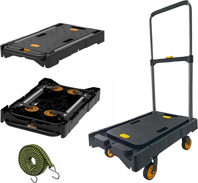Platform Truck Folding Hand Truck 300 LB Heavy Duty Utility Dolly Flatbed Luggage Push Cart Fully Folded Compact Cart, Portable Trolley with 1 Elastic Ropes, Easy Storage & Lightweight for Moving