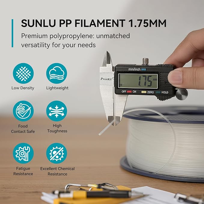 SUNLU PP Filament,1.75mm Polypropylene 3D Printer Filament, Ultra Tough and Lightweight PP+/-0.03mm, 800g/Spool, Natural White
