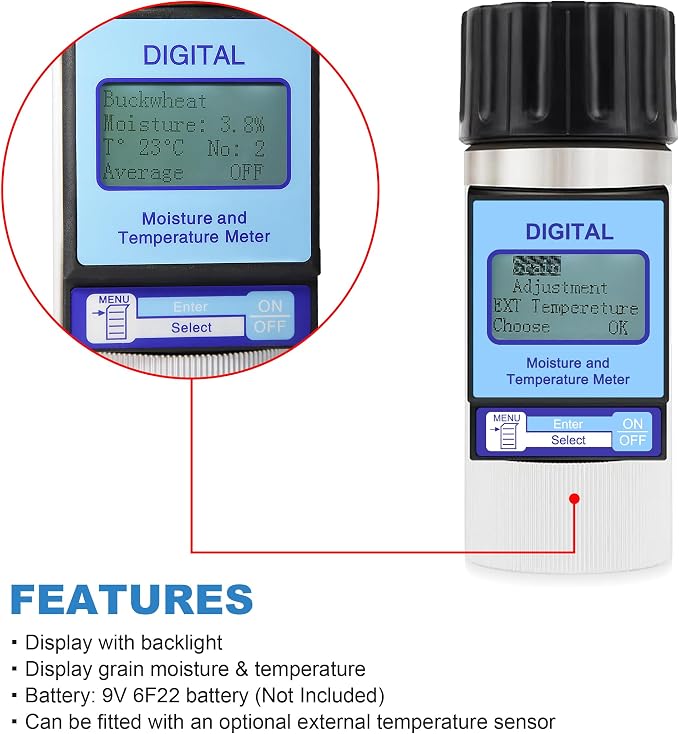 Grain Moisture Meter High Precision Grain Moisture Tester with Moisture & Temperature Display Seed Moisture Meter for 25 Grains including Wheat, Soybean, Coffee and More