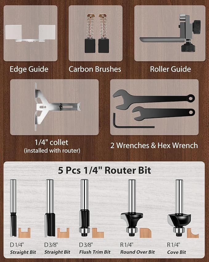 AVID POWER 630W 5.3 Amp Wood Router Tool with Fixed Base Compact Router for Woodworking, 35,000 RPM, 1/4” collet & 5 Trim Bits, Straight & Roller Guide, 2 Wrenches and Carbon Brushes