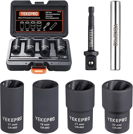 6 PCS Lug Nut Removal Tool, 1/2-inch Drive Impact Twist Socket Set & Bolt Extractor Set, 17,19,21,22MM Wheel Lock Removal Kit for Removing Damaged, Frozen, Rusted, Nuts & Screws, Cr-Mo Steel