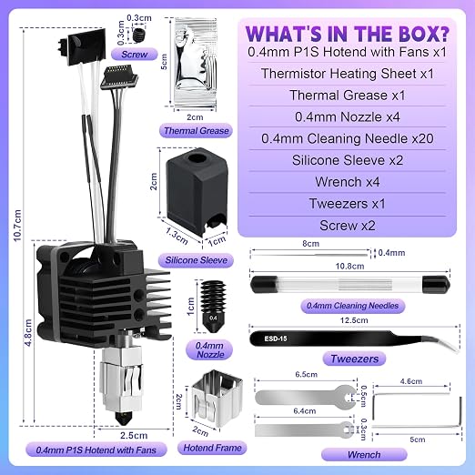 Hotend Kit for Bambu Lab P1P/P1S, 3D Printer Full Assembly Hot End with Fan, P1S Hardened Steel 0.4mm Nozzle High Speed & Temperature Extruder Heating Block Hot End for Bambu Lab P1 Series 3D Printers