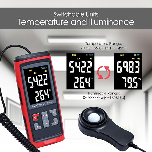 Light Meter Digital Illuminance Meter with Ambient Temperature Measuring and Recording, Bluetooth Lux Light Meter with 32,752 Groups Data Logging, Handheld Photometer Lumens LED Brightness Tester