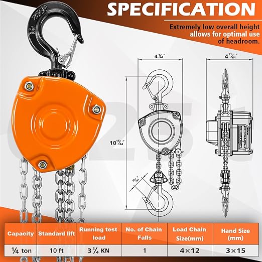 YATOINTO Chain Hoist 1/4 Ton (550Lbs) Capacity | Mini Hand Chain Hoist 10FT | Manual Chain Block Hoist 10.2" Headroom | Industrial Grade Steel Structures for Garages Warehouse Automotive Machinery