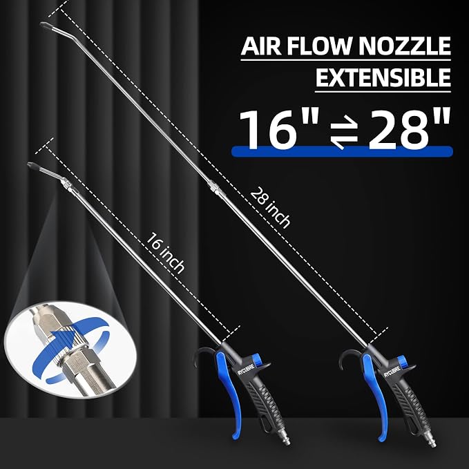 Extended stretchable 16-28 inch air gun Heavy duty air compressor accessories, adjustable air flow, ergonomic design, ideal air tool for stainless steel barrels and rubber nozzles cleaning and dust