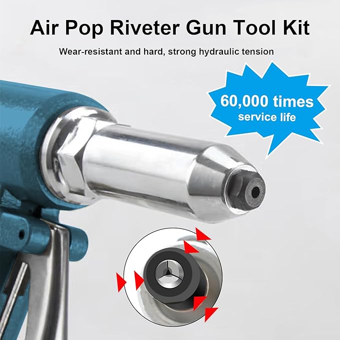 Vanwoke Pneumatic Rivet Gun,Air Pop Riveter Gun Tool Kit with 3/16",5/32", 1/8" and 3/32" Capacity Nosepieces with 40PCS Rivets,Heavy Duty Pop Pneumatic Riveter Riveting Tool