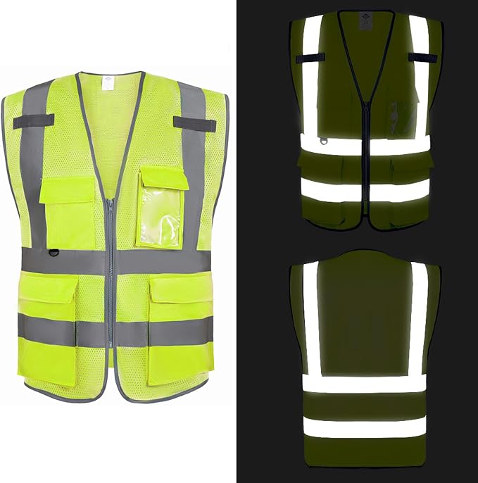 Dazonity High Visibility Mesh Safety Vest with Multi Pockets and Zipper, Fit for Men & Women, Work, Construction, Surveyor