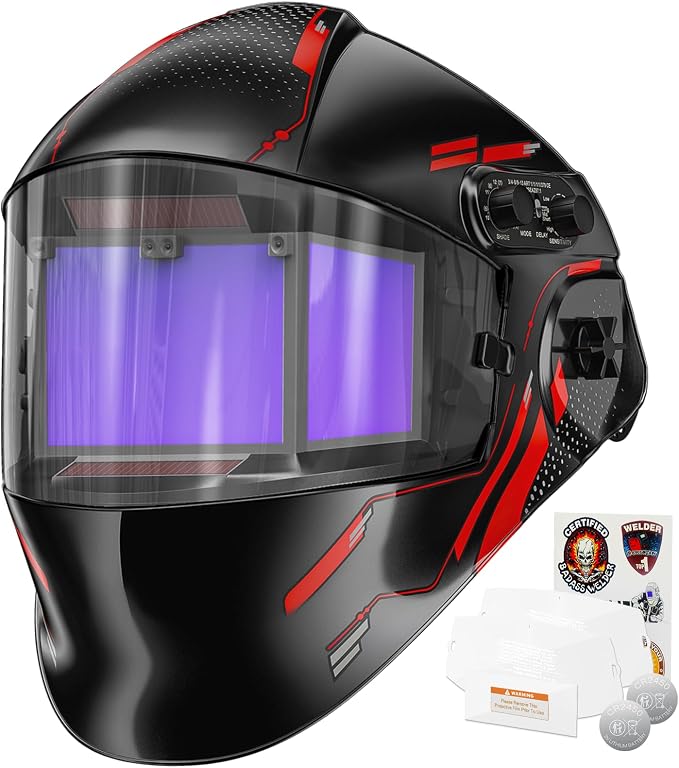 ARCCAPTAIN Auto Darkening Welding Helmet with Panoramic Side View, 6.22" x 2.8" Extra-Large Viewing Screen, 1/1/1/1 True Color Welding Hood, 4 Arc Sensors, Shade 3/4-8/9-13 for TIG/MIG/ARC/Cut/Grind