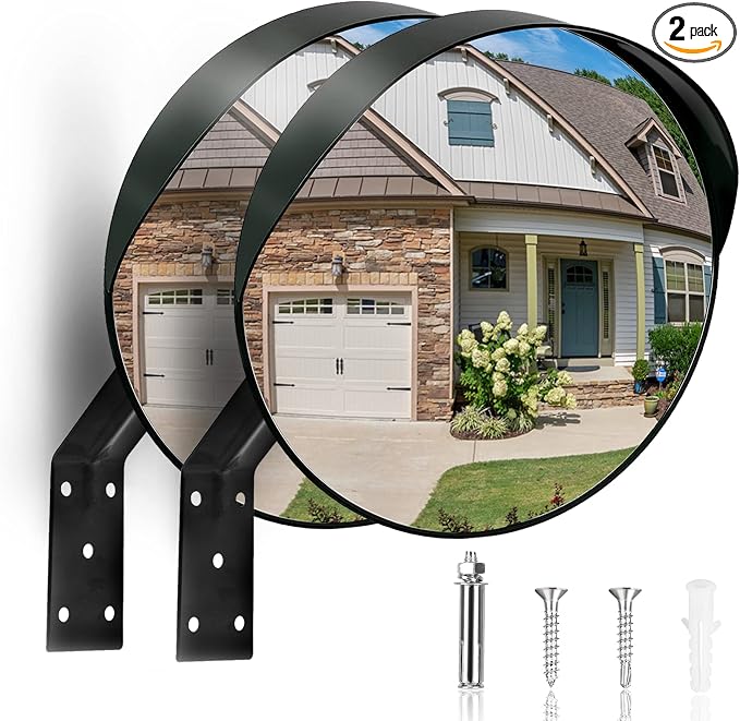 2Pcs 12" Convex Security Corner Mirror (Clear View) - Adjustable Fixing Bracket, Wide Angle, Indoor and Outdoor Use - Ideal for Warehouse, Office, Parking Garage, and Traffic Safety (Black)