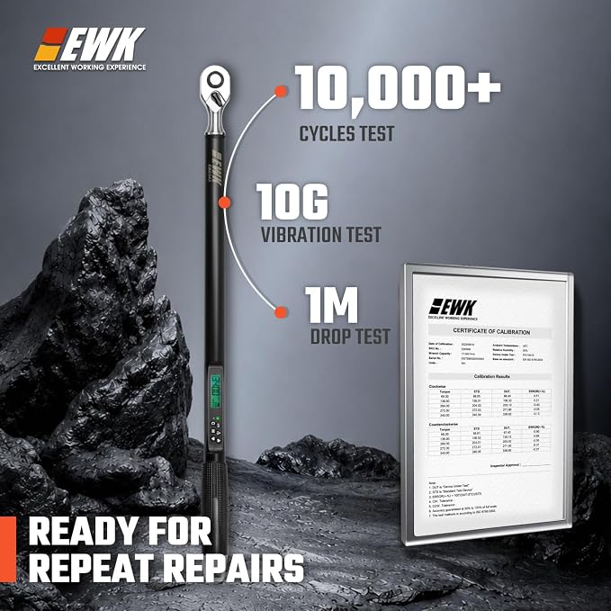 EWK 1/2" Drive Digital Angle Torque Wrench 12.5-250 ft-lbs (17-340 Nm) | ISO 6789, ±1.5% clockwise / ±2.5% counterclockwise/ ±2% Angle, LCD Display, LED Buzzer Vibration Alert, 30 Memory Values