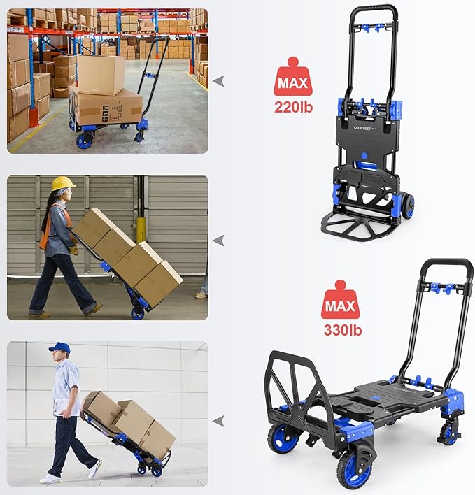 2-in-1Hand Truck Dolly Foldable with Folding Basket, 330LB Folding Hand Truck Heavy Duty Carrying, Combination of 4 Wheels and 2 Wheels Convertible Dolly Cart with Retractable Handle Dolly for Moving