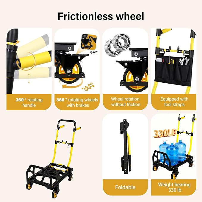 Folding Hand Truck Dolly, 330 lbs Heavy Duty Convertible 2-in-1 Dolly Cart with 3-Level Adjustable Handle, 360° Swivel Handle & Tool Bag for Moving, Shopping, Warehouse & Garage