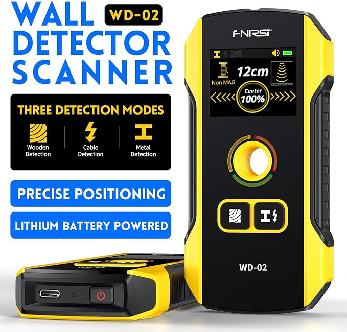 Stud Finder Wall Scanner - FNIRSI Upgraded WD-02 TFT Display Electronic Stud Detector with HPC Chip, Wall Scanner with Positioning Hole for Center and Edge of Wood AC Wire Metal Studs Joist Pipe