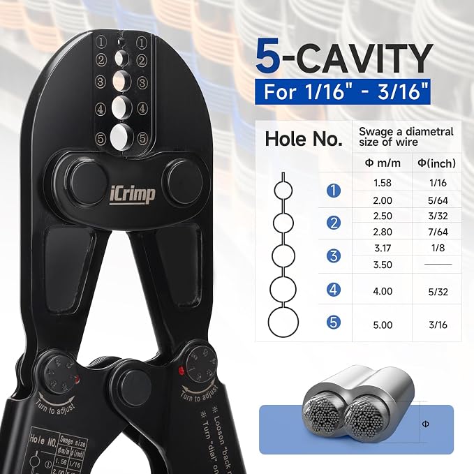 iCrimp 1608B Wire Rope Crimping Tool, 5 Die Slots 1/16" to 3/16", Heavy Duty Hardened Steel Swaging Tool for Aluminum Oval, Stop, Loop & Crimp Ferrules