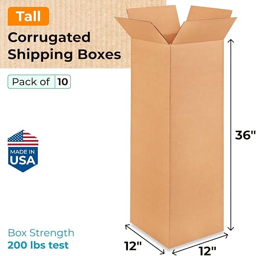 Tall Moving & Shipping Boxes 12x12x36 inches (10-Pack) - Extra Strength 200 lb vs Regular - USA-Made Corrugated Boxes for Packaging Moving - Box for Shipping - Corrugated Shipping Box by IDL Packaging