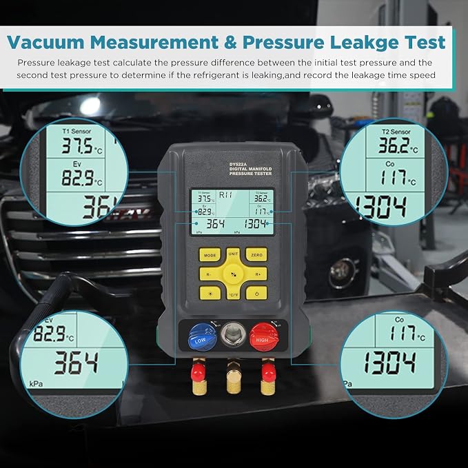 Digital Manifold Gauge with 93 Refrigerant Data,Digital Manifold HVAC Gauge Set for Pressure&Temperature Test, Digital Refrigerant HVAC Gauge with Upgraded Ball Valve&Hoses&Temp Clamps&3.5"LCD Display
