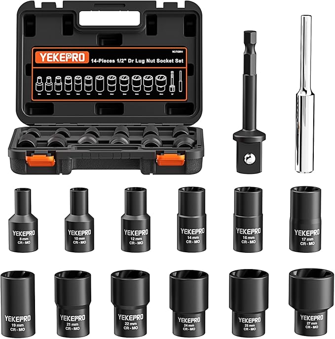 14 Pieces 1/2inch Tap Extractors, Impact Twist Lug Nut Removal Tool, Stripped For Damaged, Frozen, Studs, Rusted, Rounded-Off Bolts, Nuts & Screws, Cr-Mo