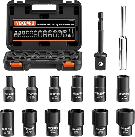 14 Pieces 1/2inch Tap Extractors, Impact Twist Lug Nut Removal Tool, Stripped For Damaged, Frozen, Studs, Rusted, Rounded-Off Bolts, Nuts & Screws, Cr-Mo