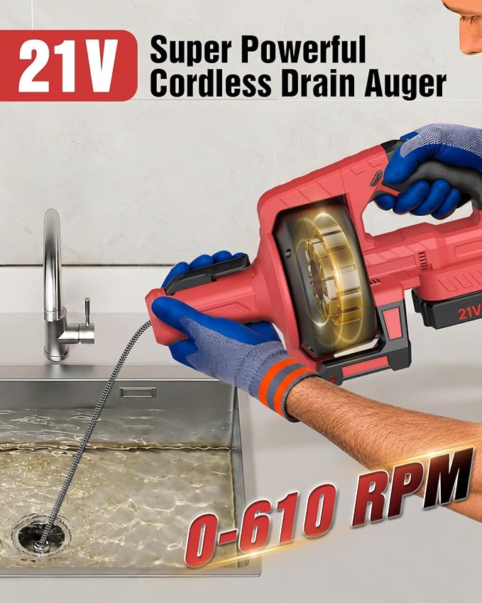 Ublue 21V Cordless Electric Drain Auger, 25Ft Auto Feed Drain Snake for Clog Remover with 2.0Ah Battery, Plumbing Snake for Sink Toilet Bathroom Shower Pipes 3/4"-2.95", Included Bag Gloves Rag