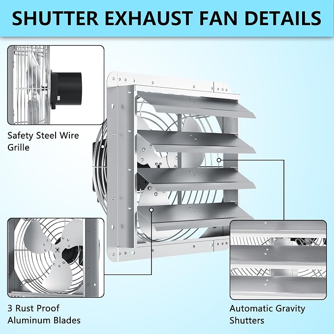 18 Inch Shutter Exhaust Fan, Aluminum Wall Mounted Exhaust Fan, 2678 CFM High Speed Automatic Shutter Attic Fan, Vent Fan For Greenhouse,Shed,Shop,Garage