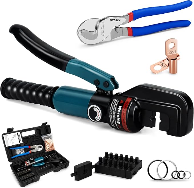 Hydraulic Crimping Tool and Cable Cutter, 12 AWG to 00 (2/0), 10 Tons Electrical Terminal Cable Wire Tool Kit with 9 Die Sets and 64pcs Ring Terminals