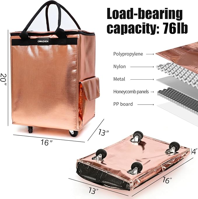 (Medium,Rose Gold) Reusable Grocery Bag on 4 Wheels, 70L Foldable Rolling Tote Bag with 3 Handles and Zipper, Rolling Shopping Cart for Groceries, Storage, Laundry, Travel, Organizer, 76lb