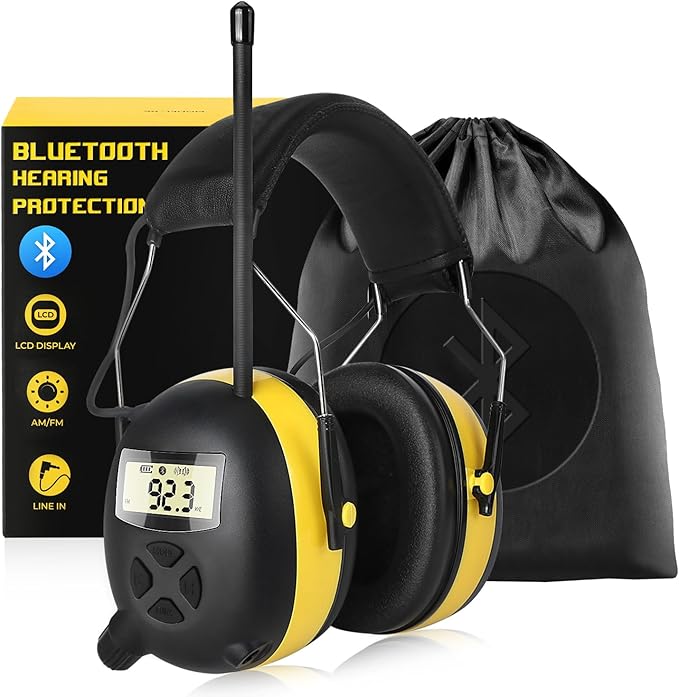 BJKing Upgraded 5.4 Bluetooth Hearing Protection AM/FM Radio Headphones, 30dB SNR Safety Earmuffs, Ear Protection for Mowing, Workshops, and Snowblowing, Yellow
