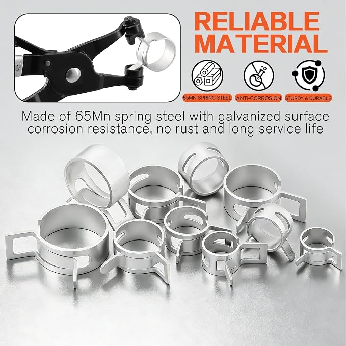 352Pcs Spring Band Hose Clamp Assortment Kit, 6-25mm 15 Sizes Grey for Fuel Line, Silicone Hose, Automotive & DIY with Swivel Jaw Plier,Hose Removal Plier and Tweezers