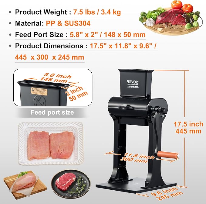 VEVOR Commercial Meat Tenderizer, Heavy Duty Stainless Steel Meat Tenderizer Machine, Quick and Easy Manual Operation Kitchen Tool, 5.8" Feed Port for Beef, Turkey, Chicken, Pork, Steak, and Fish