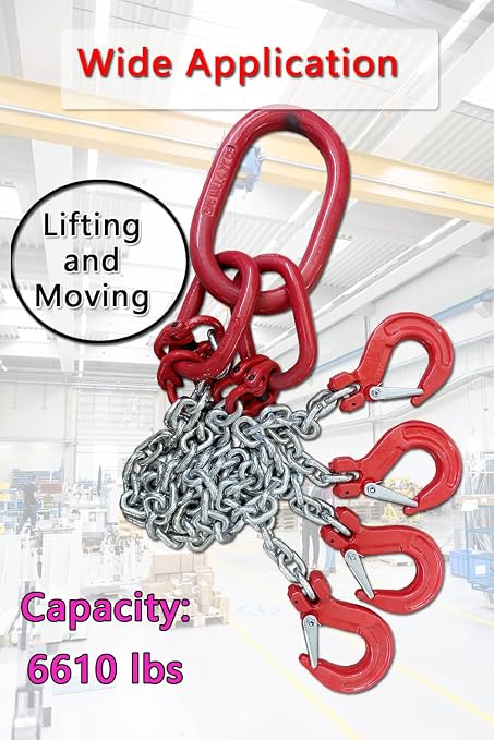 Chain Sling 1/4Inch X 5 Ft 6620lb 4Leg with Sling Hooks and Adjusters Grade 80Alloy Steel Engine Chain Hoist Lifts【4Leg 3Ton】