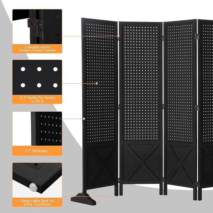 VINGLI Freestanding Pegboard with Support Feet, 5 FT Wood Room Divider Display Board Organizer, Folding Privacy Screen Partition Space Separator for Craft Shows Events Retail (Black, 6 Panel)