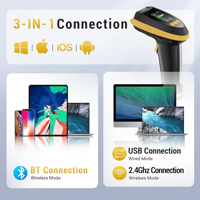 Tera Barcode Scanner Wireless 2D with Stand: Pro Version Digital Setting Screen Keypad Works with Bluetooth 2.4G Wireless USB Wired Extra Fast Scanning Speed Handheld Bar Code Reader HW0009-Z Yellow