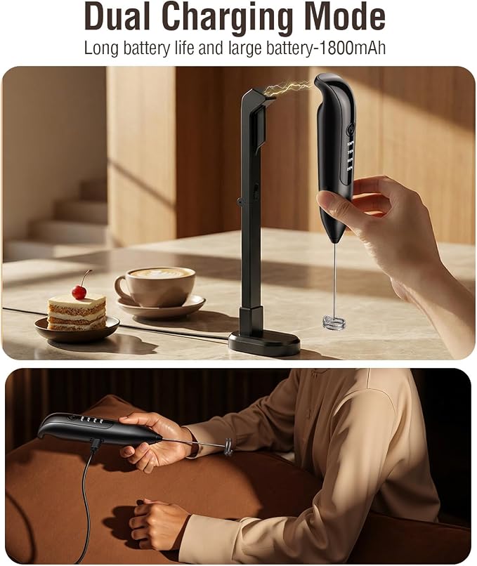 Dynooper Electric Milk Frother Handheld: Rechargeable 3 in 1 - LED Digital Display with 3 Speeds Portable Stainless Steel Drink Foam Mixer for Milk Coffee, Lattes, Valentine's Day gifts - Onyx Black
