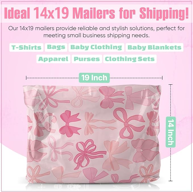 Package Mint 14x19 Poly Mailers - 100 Pack Bows Print Design - Waterproof and Tear-Resistant Poly Mailer Shipping Bags with Self-Adhesive Seal - Opaque Mailing Envelopes for Clothing and Soft Goods