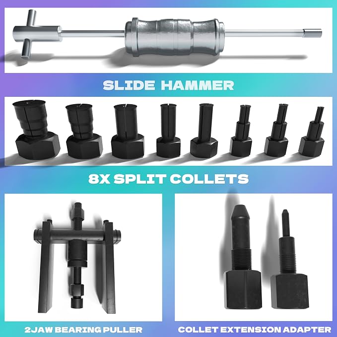 Blind Hole Bearing Puller Set 8-32mm with Slide Hammer - Motorcycle Bearing Removal Tool Kit with Expandable Collets for Wheel, Sprocket & Swingarm Bearing Puller - 12PC Mechanic Tool Set