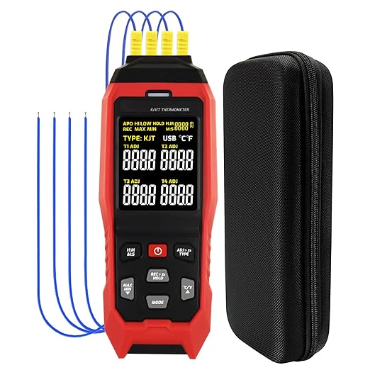 Thermocouple Thermometer Temperature Data Logger 4-Channel K/J/T Type Thermometer with 5000 Groups Data Logging and USB Export, -328~2501℉ Range HVAC Thermocouple Meter with Alarm & ADJ Compensation