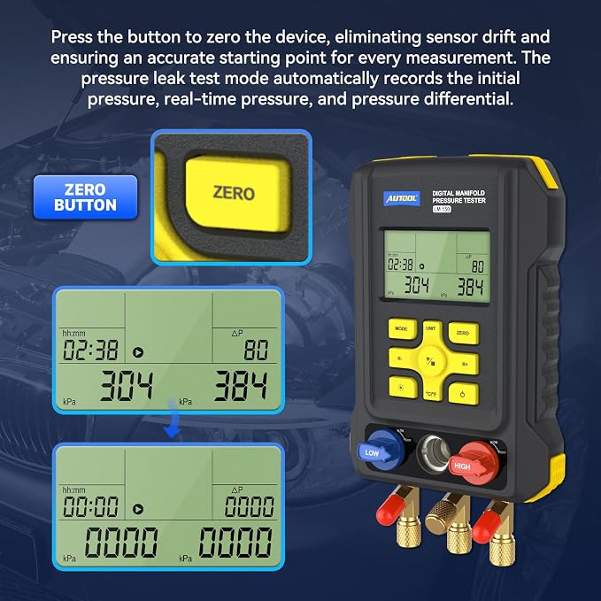 AUTOOL AC Manifold Gauge Set, Incl. 2X Pipe Clamp Thermometer, 1x Digital HVAC Gauge, Set of 3 Hoses – AC Gauge Set, with Evacuation Mode, Refrigerant Mode and Pressure Leak Test