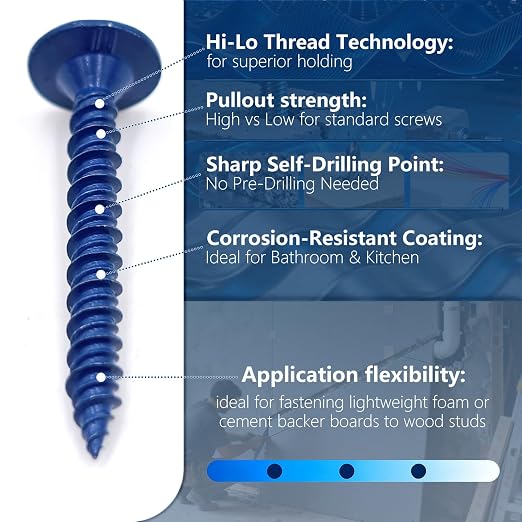 VCTGAM® 1-1/4 Inch Hi-Lo Fasteners for Wood Studs (700 Pack) - Compatible with GO Board Installation - Ceramic Coated Backer Board Screws for Tile, Cement Board, and Shower Remodel - Reduced Splitting
