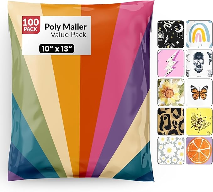 Package Mint 10x13 Poly Mailers - 100 Pack Retro Rainbow Design Poly Mailer Shipping Bags - Waterproof, Tear-Resistant, Self-Sealing Adhesive - Durable Decorative Mailing Bags for Clothes, Accessories