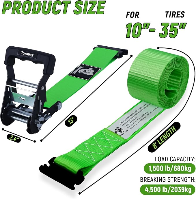 UTV Wheel Chock Tie-Down Kit - 4,500lb Break Strength Heavy Duty Trailer Tire Straps System - 4Pack 2" x 8' E Track Ratchet Straps for SXS, UTV, ATV, Lawn Mower (Bright Green)