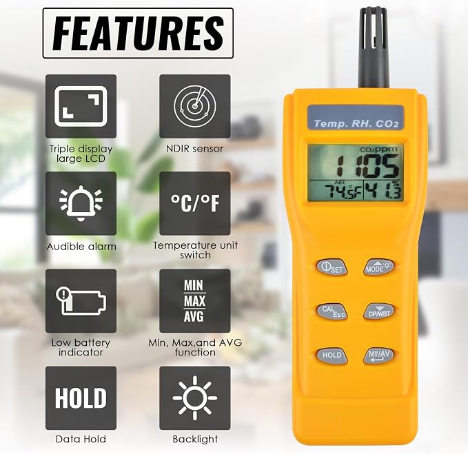 CO2 Meter Handheld CO2 Detector, 0-9999ppm Digital CO2 Monitor Temperature and Humidity Meter Carbon Dioxide Detector with NDIR Sensor Buzzer Alarm and Clibration Function for Home Grow Room