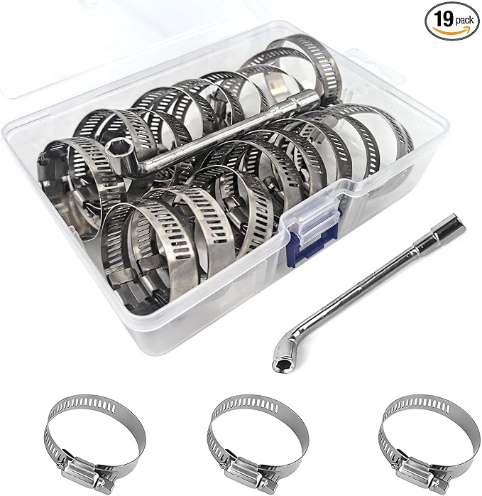 Hose Clamps 19PCS Set, 304 Stainless Steel, Radiator Hose Clamps, Big Size, 1– 2"(27-51mm) with 1pc Socket Wrench,Worm Gear Clamps Set for Automotive,Plumbing,Intercooler
