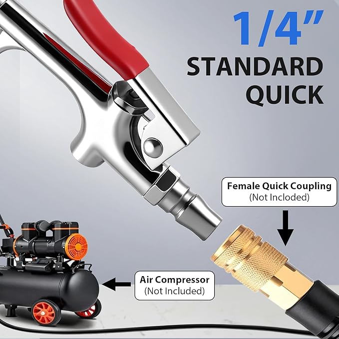 Long Reach Pneumatic Air Blow Gun, Extension Air Nozzle Blower Wand Fit 1/4" NPT Inlet & Lever Grip, Heavy Duty Industrial Blow Gun Pneumatic Tool for Radiator Compressor(27-42 Inch)
