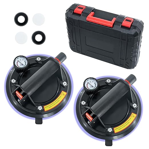 2 Pack 8 Inch Glass Suction Cups to Lift Large Glass, 480lbs Load Capacity Window Suction Cup with Pressure Gauge, Heavy Duty Hand-held Lifter for Granite, Windshield, Tile, Window