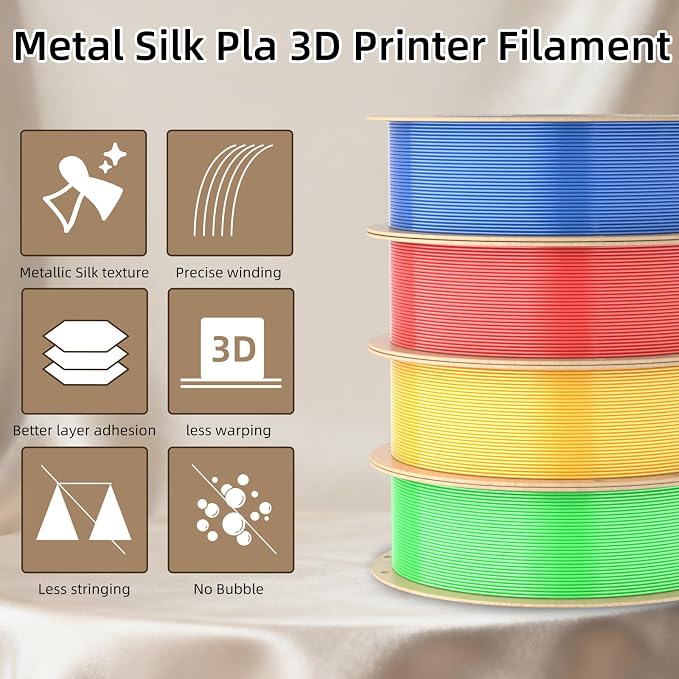 3DHoJor Silk PLA Filament 1.75mm, PLA Filament 1.75mm Silk Shiny 3D Printer Filament, 1kg*4 Cardboard Spool, Dimensional Accuracy +/- 0.03 mm, Fit Most FDM Printer(Gold+Red+Green+Blue)