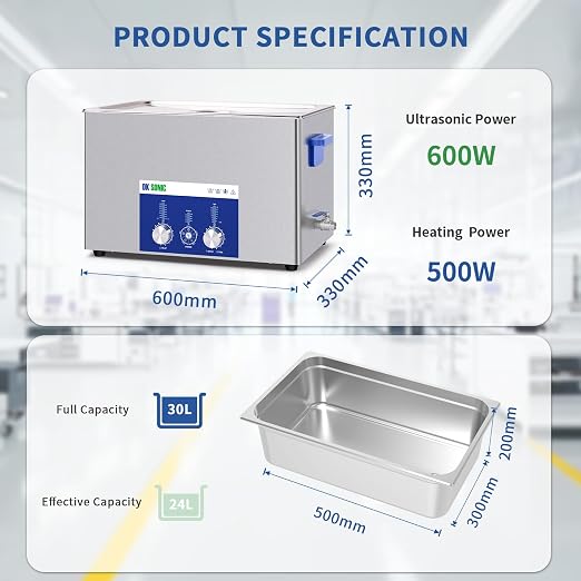 DK SONIC Ultrasonic Cleaner 30L 600W, Ultrasonic Carburetors Cleaner with Power Adjustable Encoded Control and Five Modes for Parts,Circuit Board,Engines Cleaning