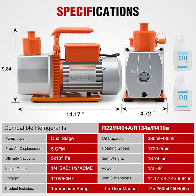 Nilight Vacuum Pump HVAC, 5 CFM 1/2 HP 110V 2 Stage AC Vacuum Pumps Kit for R22 R404a R134a R410a, 3x10⁻¹ Pa Ultimate Vacuum for Auto Air Conditioning Servicing Refrigerant Recharging, Oil Included