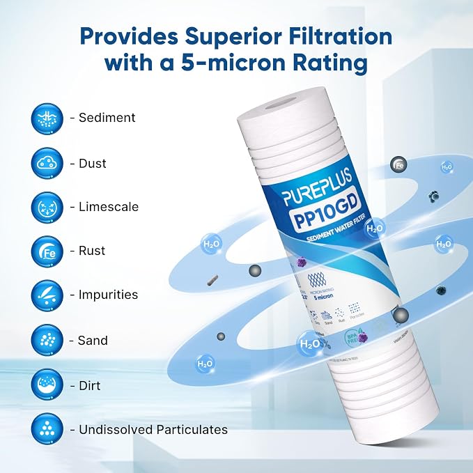 PUREPLUS 1 Micron 2.5" x 10" Whole House CTO Carbon Water Filter Cartridge Replacement 3PACK and 5 Micron 10" x 2.5" Whole House Grooved Sediment Home Water Filter 6PACK