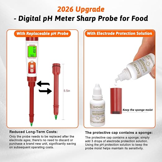 Food pH Meter Spear Tip Digital pH Test Pen for Sourdough Bread Fermentation Acidity Tester pH Tester for Cheese Hot Sauce Kombucha Wine Meat Saliva Cosmetic Honey, 1 Replaceable 5.5in pH Probe | Spear Tip